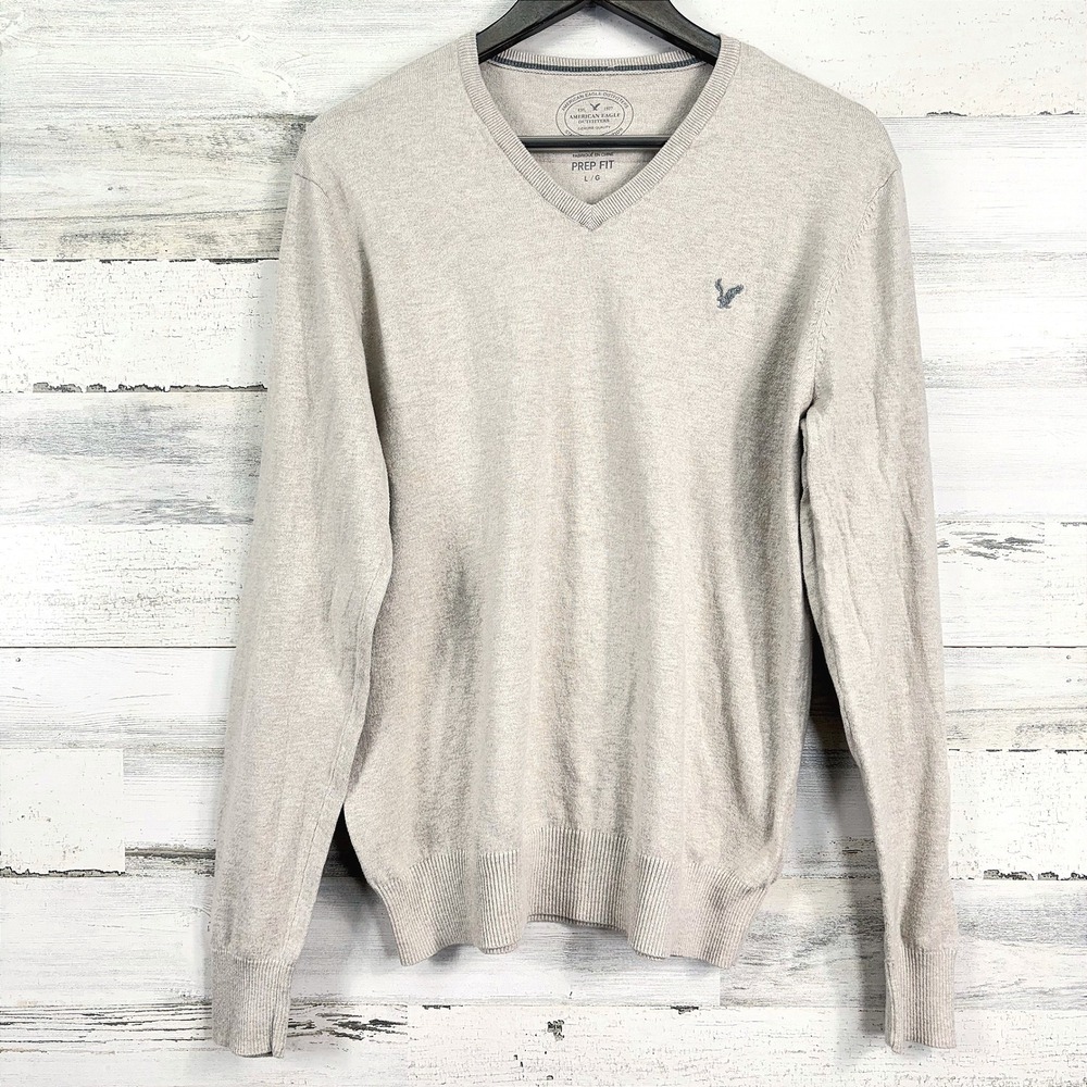 American Eagle Outfitters Mens Prep Fit Sweater V Neck Pullover Oatmeal Tan L
